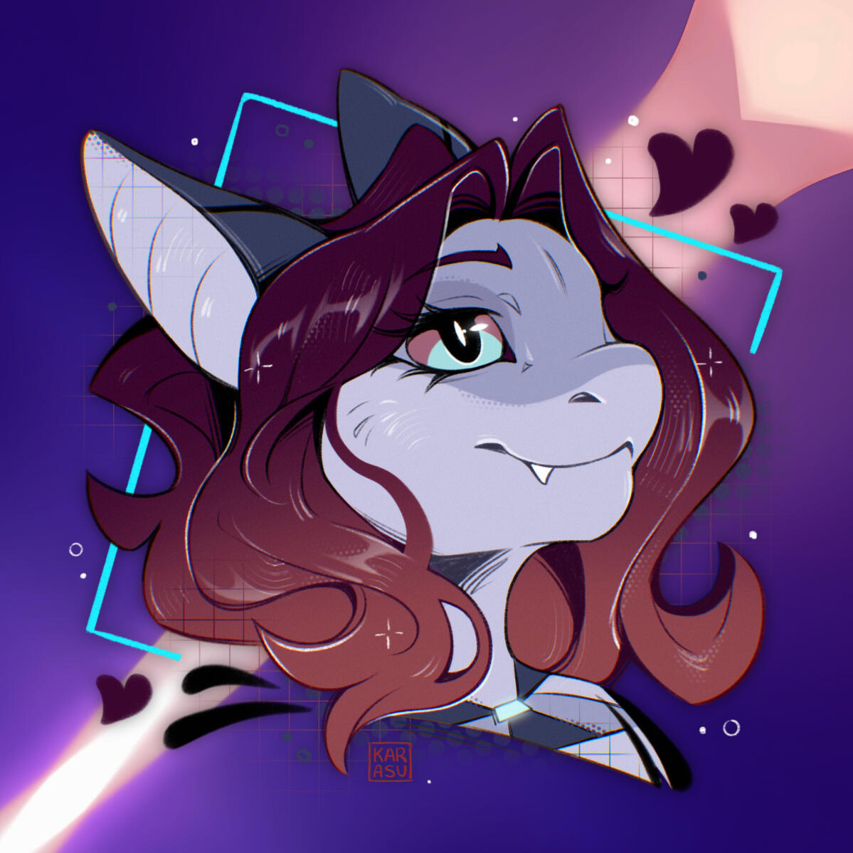 Profile view of an anthropomorphic, robotic shark who smiles in front of a purple/blue abstract background